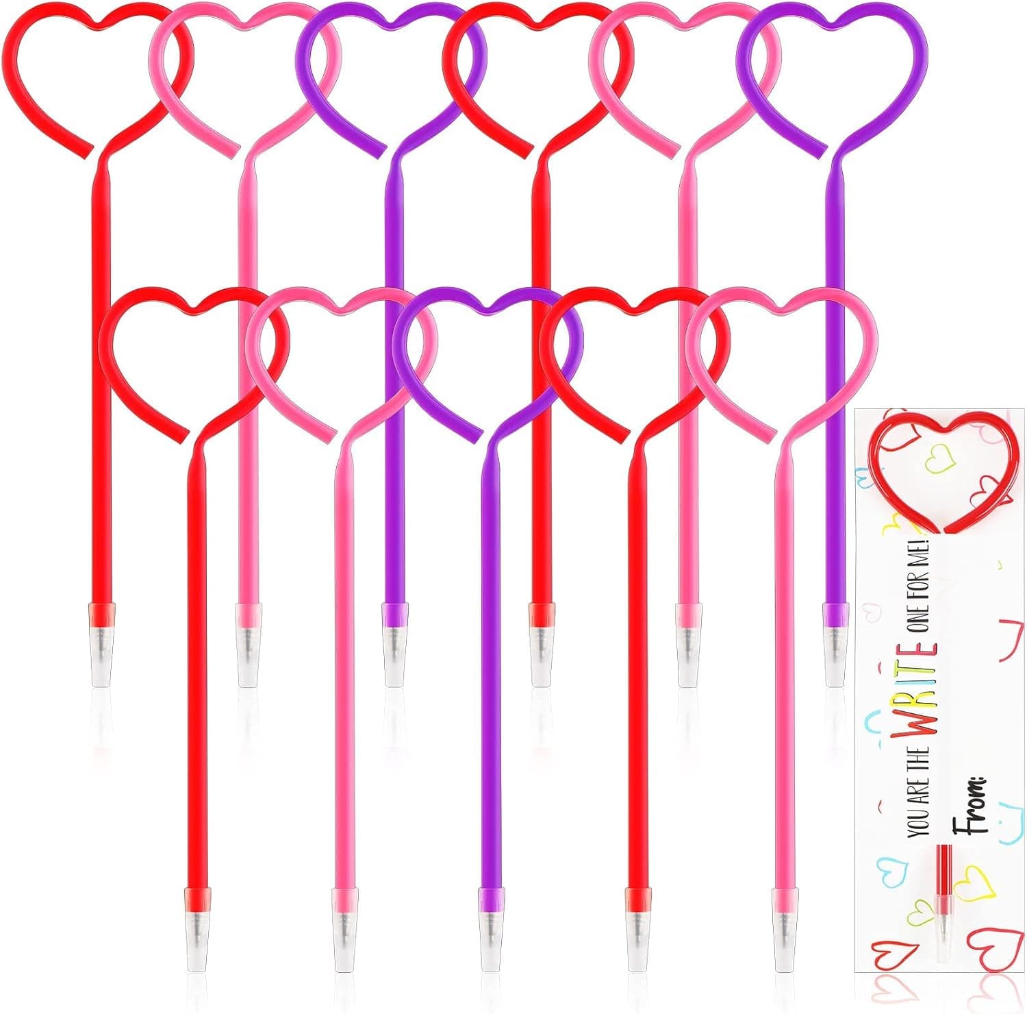 30 Pieces Valentine Plastic Heart Pen Heart Shape Pens Valentine's Day Pens with 30 Pieces Valentine's Day Cards Valentine Exchange Card for Student Toy Present Party Favor Office School Supplies