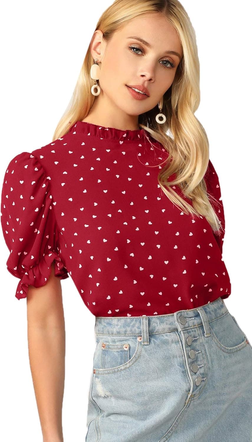 MakeMeChic Women's Summer Heart Print Puff Sleeve Frill Keyhole Back Blouse Top Burgundy L
