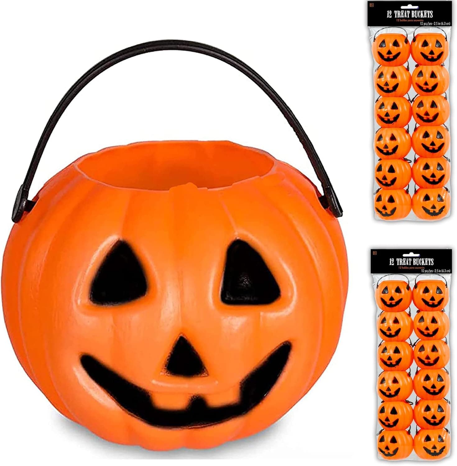 48 Mini Plastic Pumpkin Trick or Buckets Bulk Halloween Candy Container for Kids Trick or Treating, Halloween Goodie Bags, by 4E's Novelty