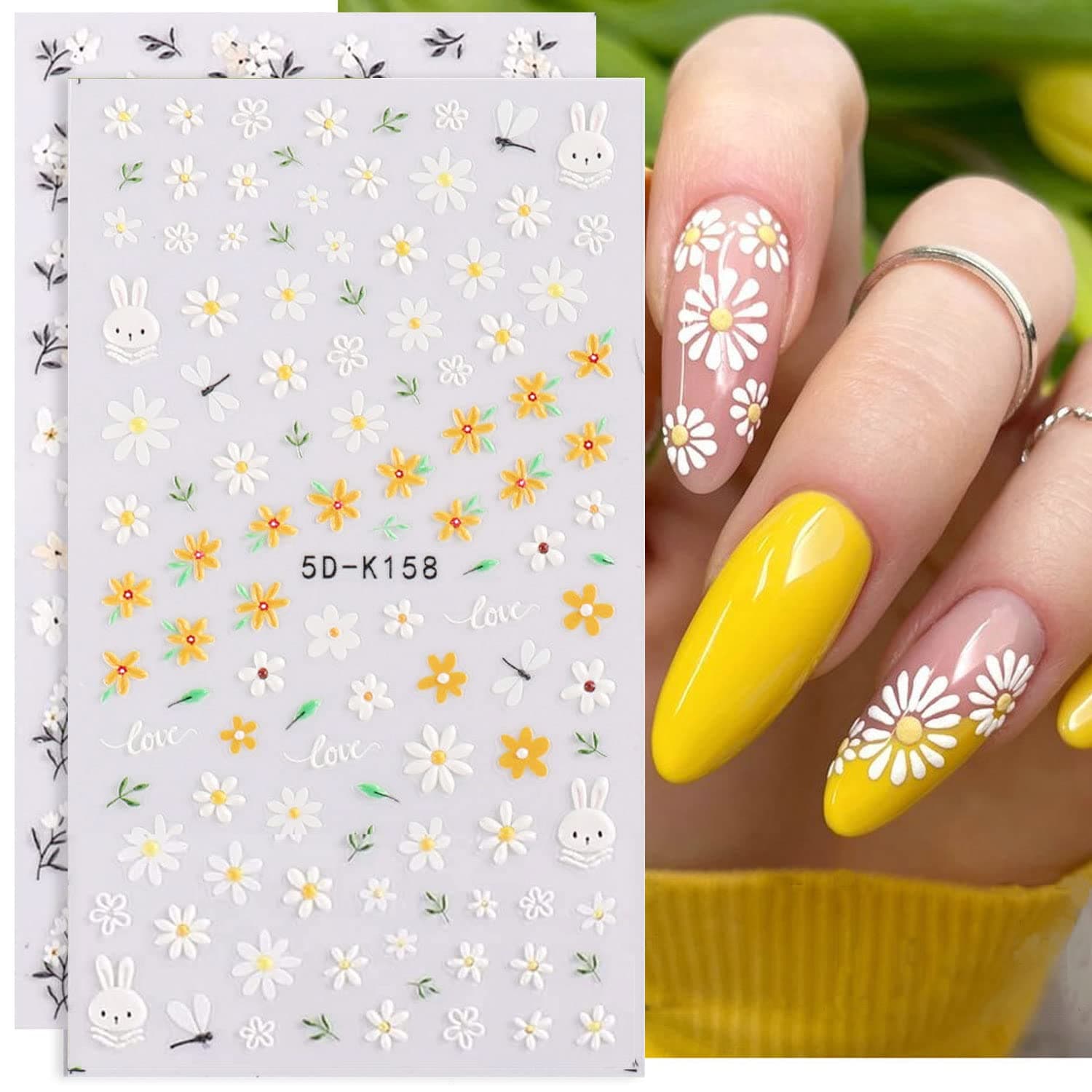 3 Sheets 5D Embossed Flowers Nail Art Stickers for Acrylic Nails Spring Summer Nail Decorations French Tips Engraved Flower Nail Decals Nail Manicure for Women Girls (Colorful Daisy)