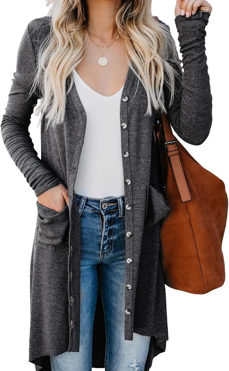 Balivsa Cardigans for Women Long Sleeve Button Down High Low Knit Cardigan with Pockets Dark Grey X-Large