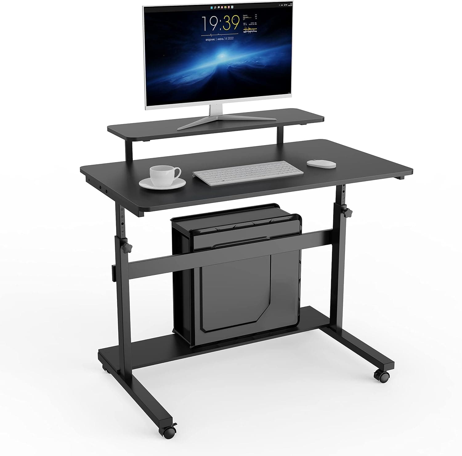 DESIGNA Height Adjustable Stand Up Computer Desk, 41'' Mobile Standing Desk Portable Rolling Sit Stand Work Station for Home Office with Wheels CPU Stand Monitor Shelf & Detachable Hutch, Black