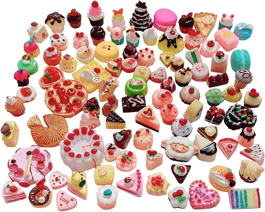 Anrher 100pcs Miniature Dessert Cake Mixed Resin Pastry Decoration Sets for Kids Doll House Pretend Play Kitchen Cooking Game Party Toys