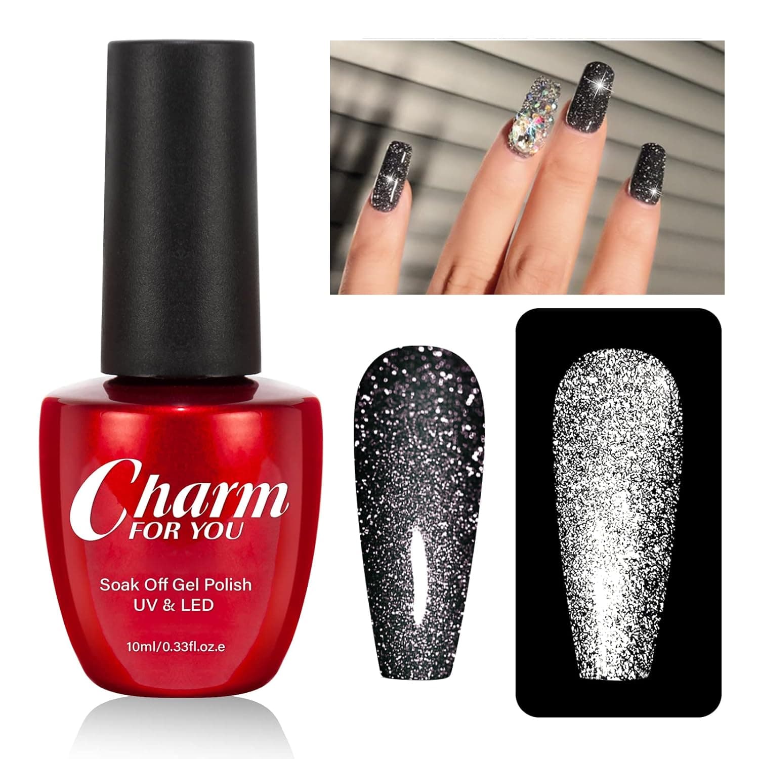 VERONNI Glitter Gel Nail Polish Crushed Glass Reflective Shine Nail Polish Soak Off UV LED Gel Nail Polish Sparkling Explosion Diamond Color 10ml (#S-009 Black Starry)