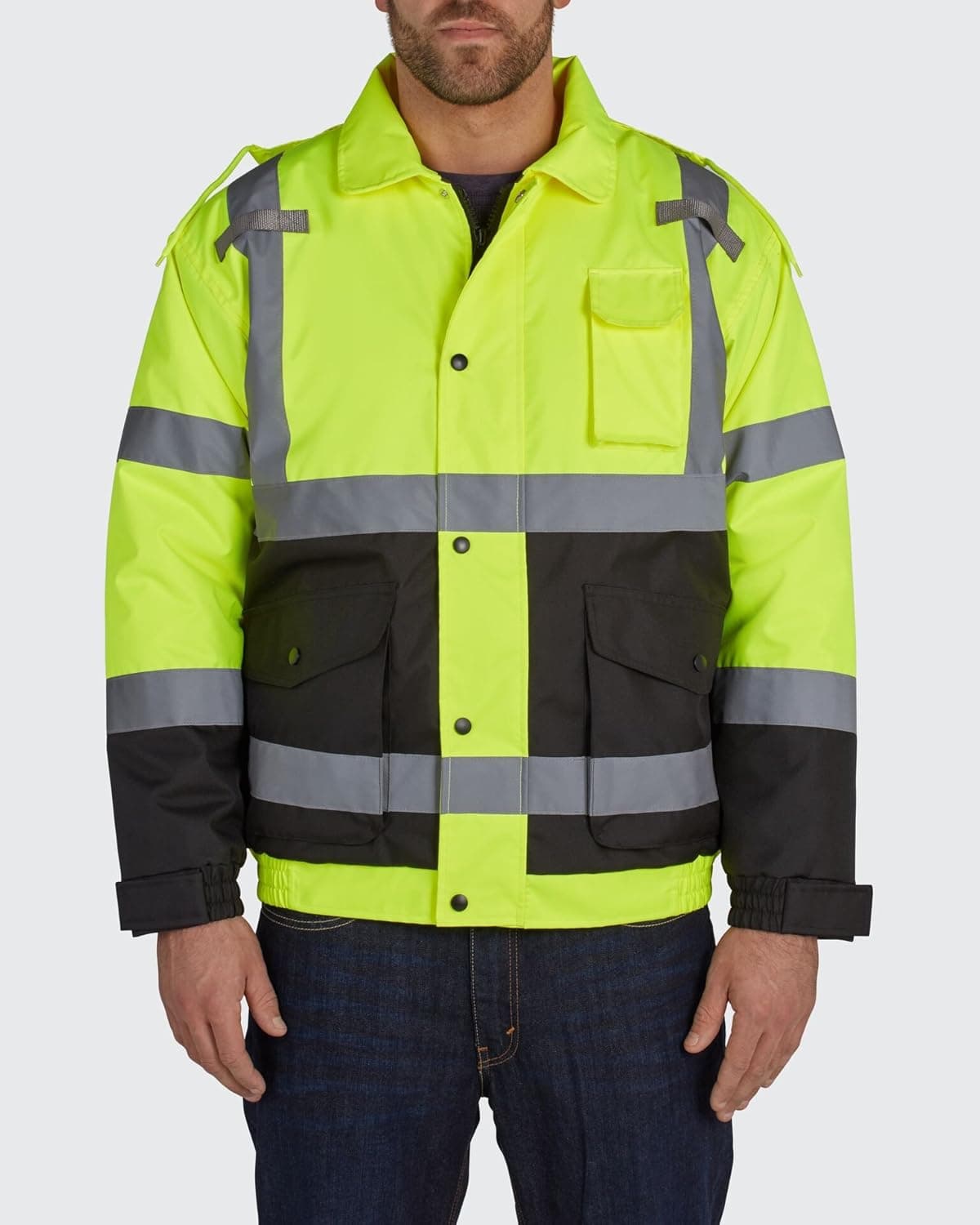 Utility Pro UHV562X-3XL UHV562 Nylon/Polyester High-Vis Quilted Bomber Jacket with Cell Phone Pocket with Dupont Teflon Fabric Protector, Black/Yellow, 3X-Large