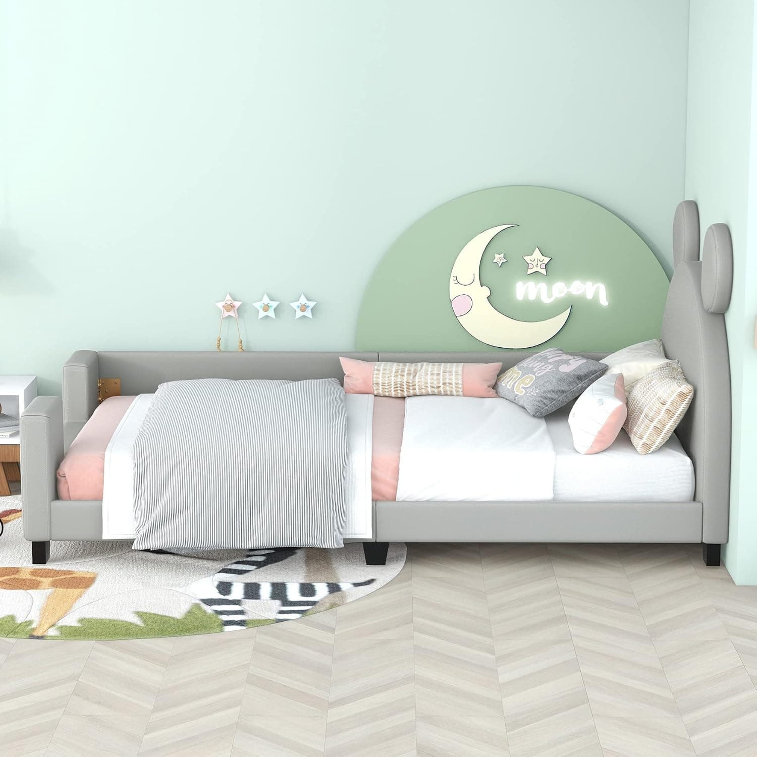 SOFTSEA Twin Daybed Cute Upholstered Platform Bed with Bear Ears Shaped Headboard, Twin Bed Frame for Kids (Gray, Twin)