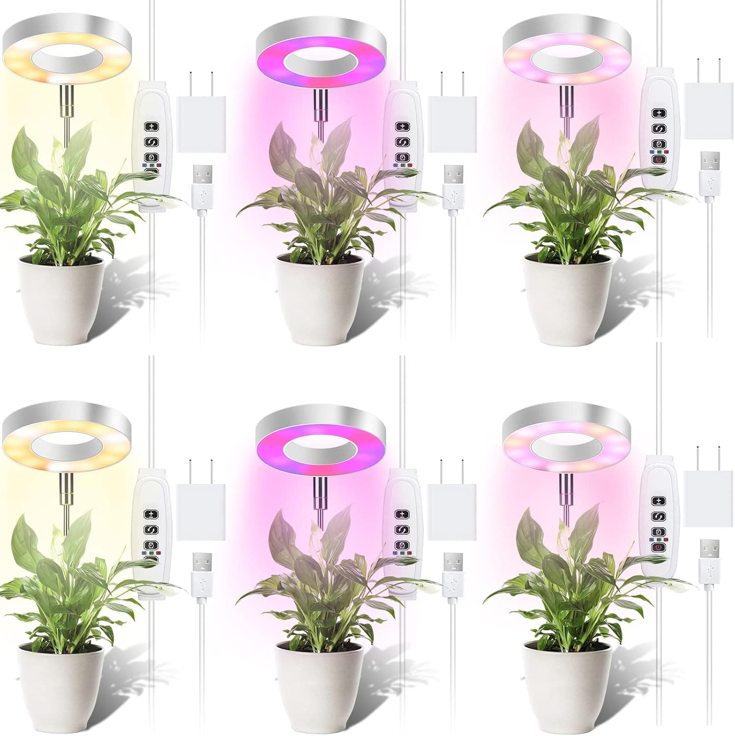 6 Pcs Grow Lights for Indoor Plants LED Full Spectrum Plant Lights 10 Dimming Levels 3 Color Halo with 4/8/12h Automatic Timer Height Adjustable Plants Growing Lamp Ideal for Small Plant Light