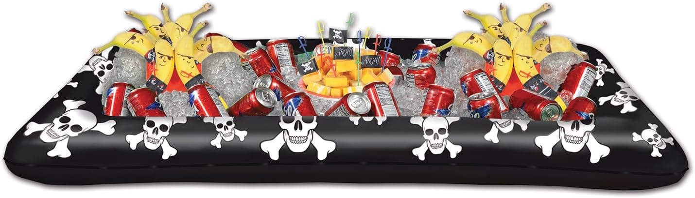 Beistle 4' 5.75" x 28" Inflatable Pirate Theme Buffet Cooler Food Drink Holder Server Tray, Skull & Crossbones Party Decorations, 28" x 48", Multicolored