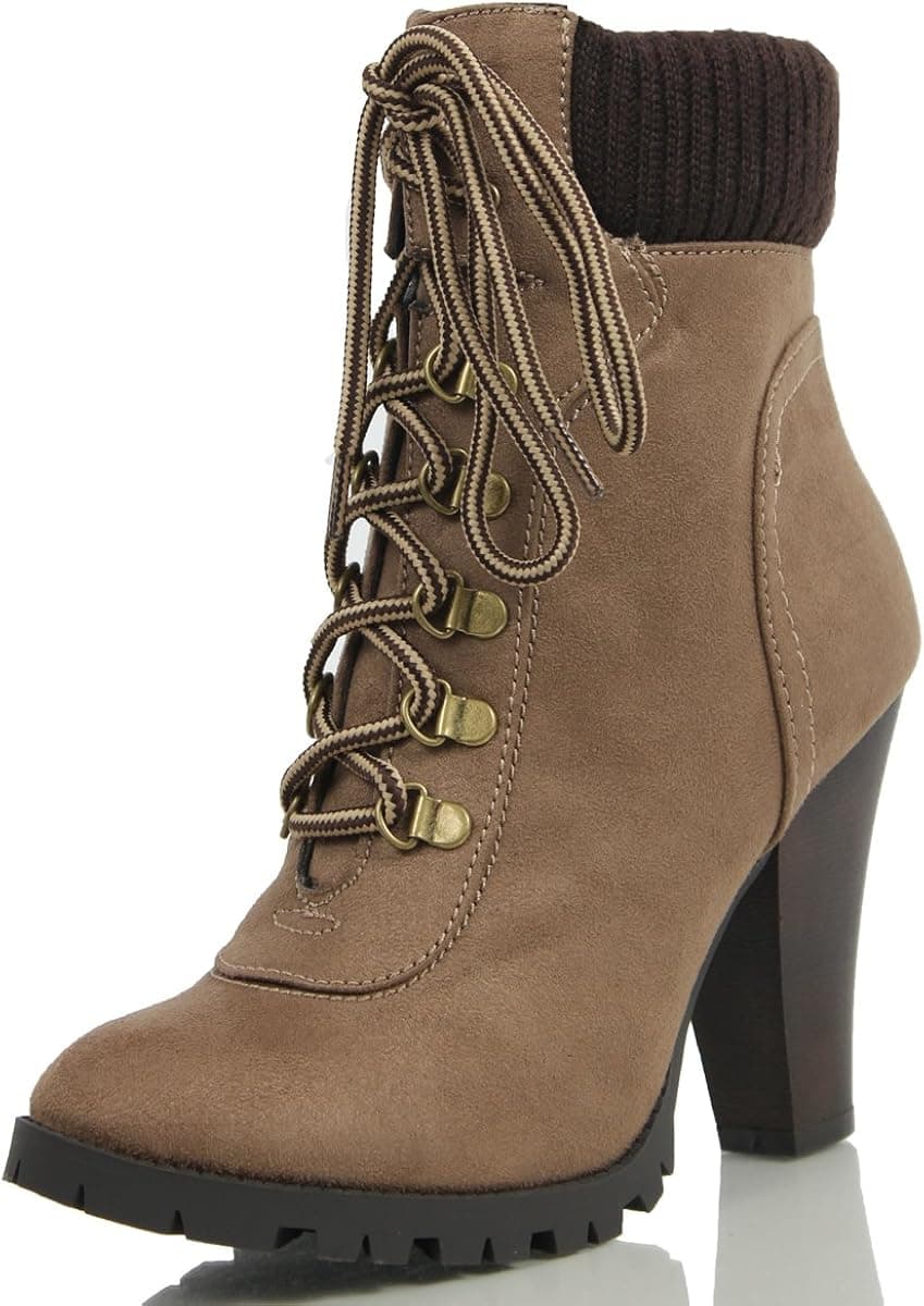 SODA Women's Rouge Faux Suede Lace Up Combat Chic Work Boot High Heel Ankle Bootie, Cement, 8.5 M US