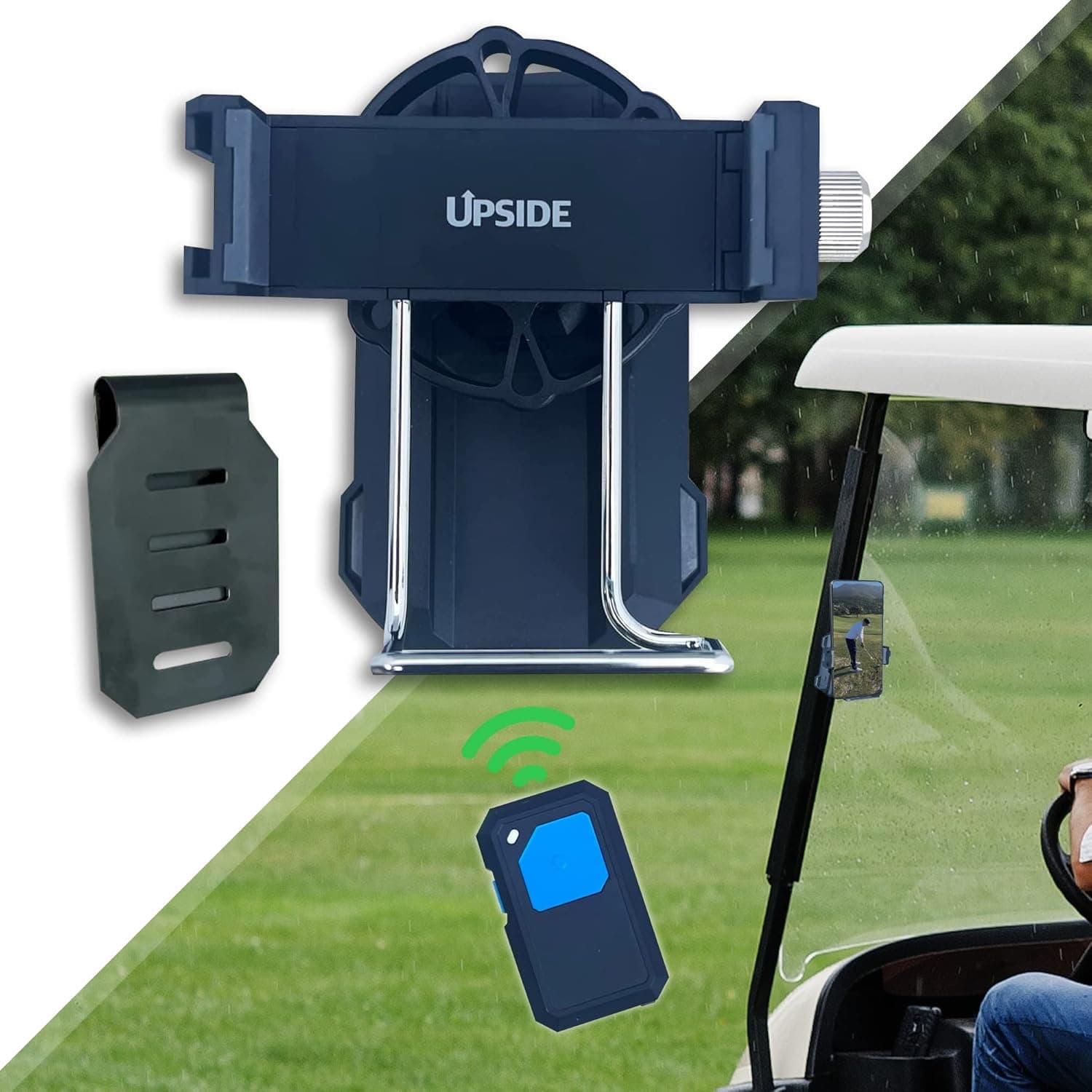 Upside Magnetic Golf Cart Phone Holder, Bluetooth Remote Control Included, Record Swing and Take Pictures, Powerful Magnet Mounts to Golf Cart, Includes Metal Golf Bag Cell Phone Clip, Swing Analyzer