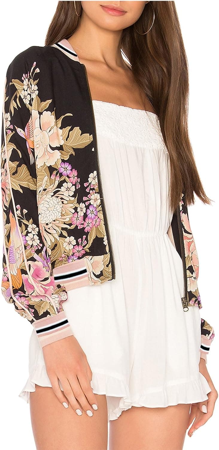 Blooming Jelly Women's Lightweight Classic Zipper Floral Printed Ultra Short Bomber Jacket Coat