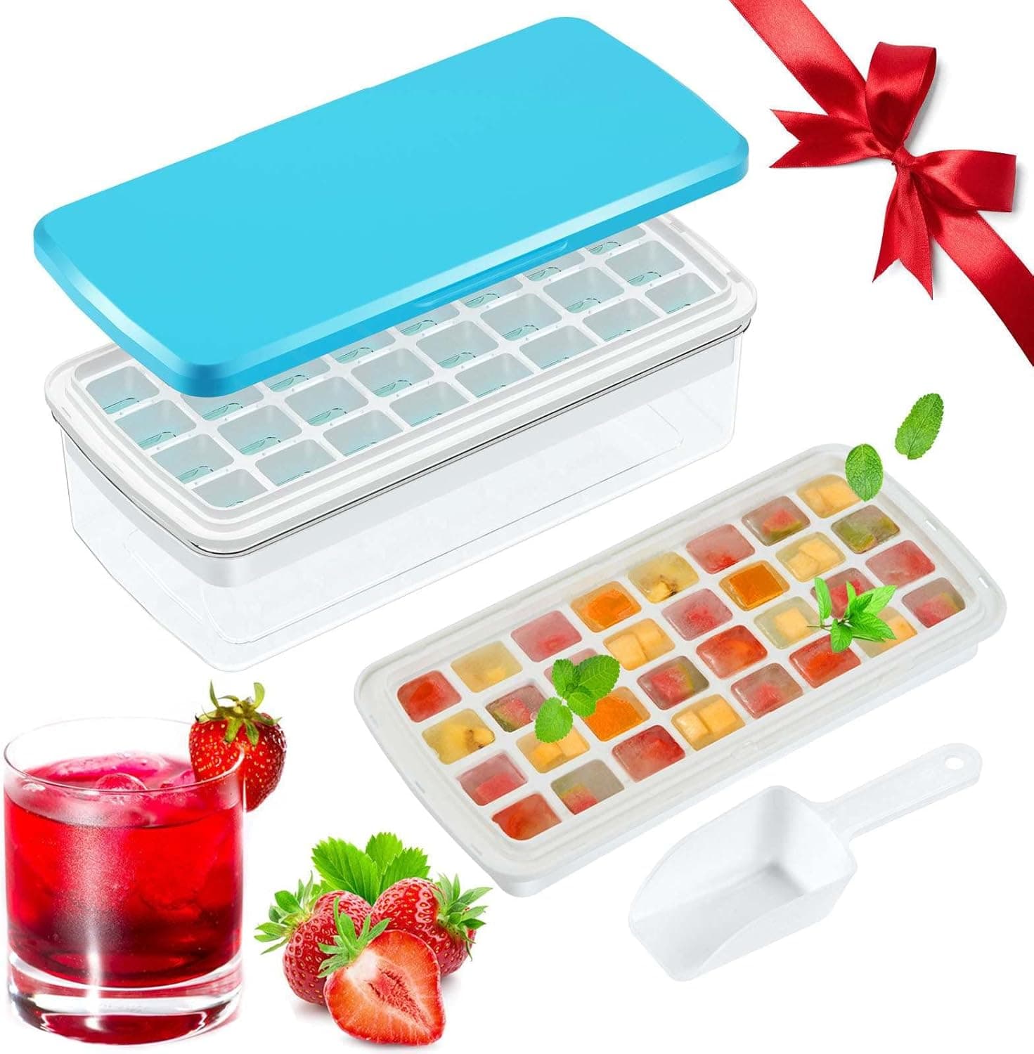 Ice Cube Tray with Lid & Bin Ice Tray for Freezer with Container Mini Ice Cube Molds, Food Grade Ice Maker for Chilling Cocktail Whiskey Tea Coffee ice Bucket & Scoop