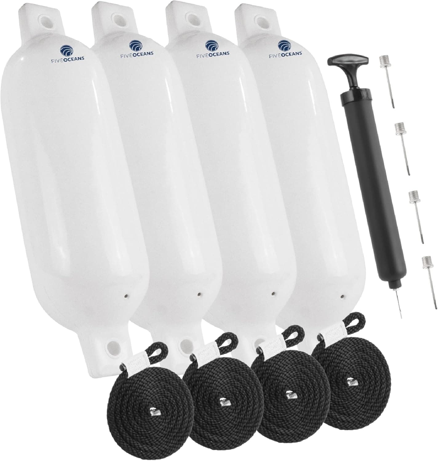 Five Oceans Boat Fenders, 4-Pack Marine Inflatable Boat Bumpers for Docking, 5.5x20 Inches with 3/8 Inches Lines, Needle Valve and 4 Needles