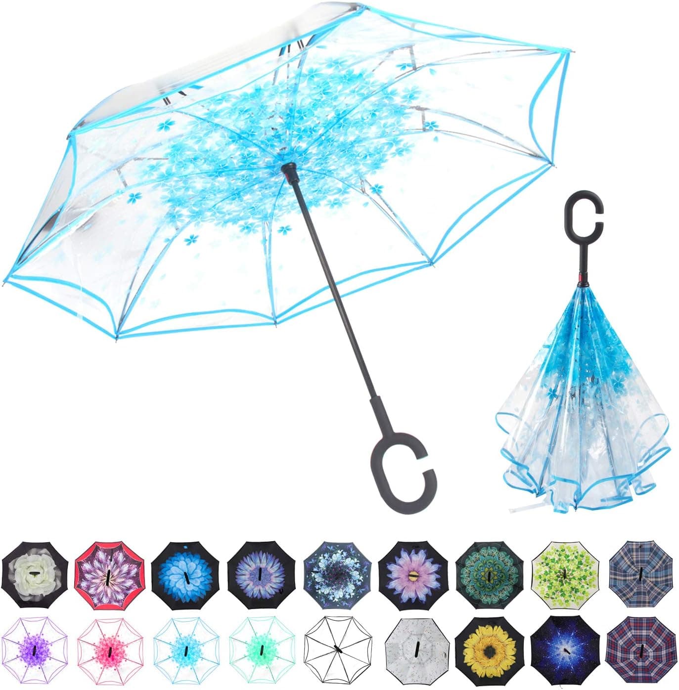 WASING Double Layer Inverted Umbrella Cars Reverse Umbrella, Windproof UV Protection Big Straight Umbrella for Car Rain Outdoor with C-Shaped Handle (Transparent Blue)