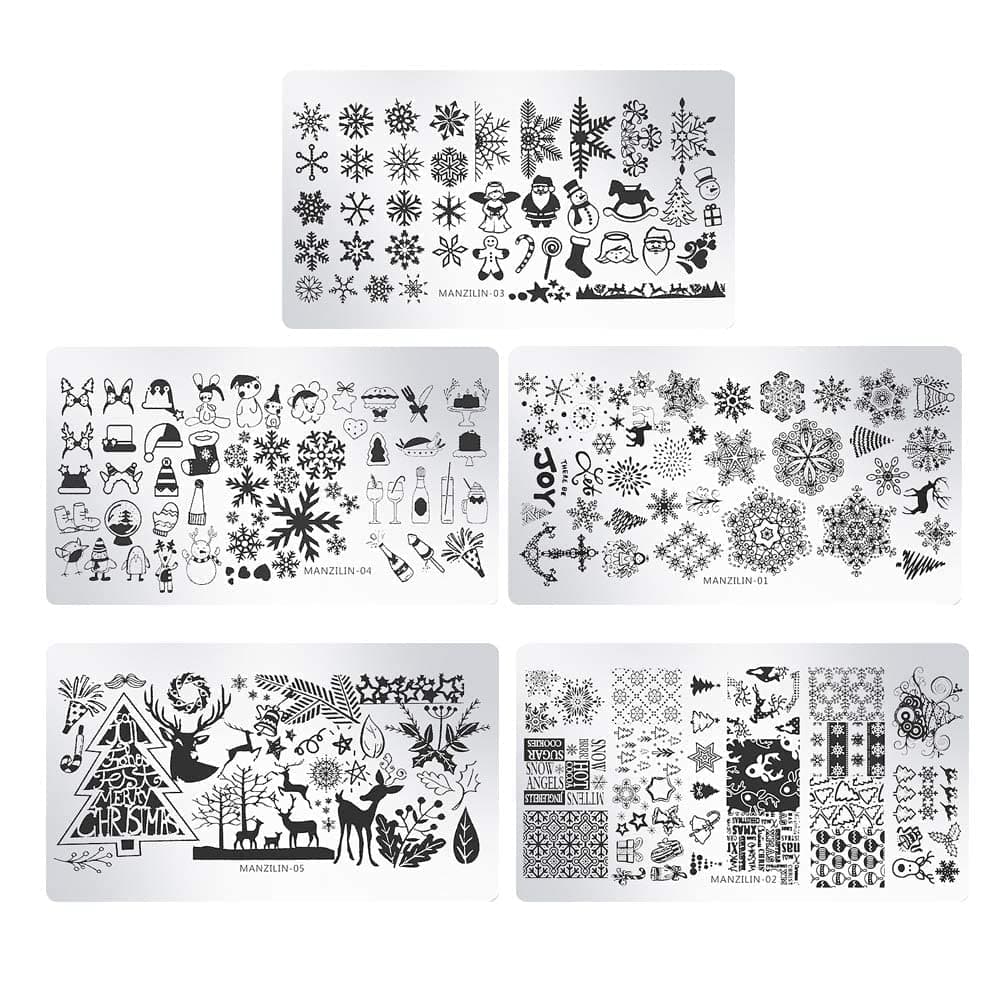 5pcs Christmas Nail Templates Snowflake Deer Nail Stamping Plates Stainless Steel Manicure Template