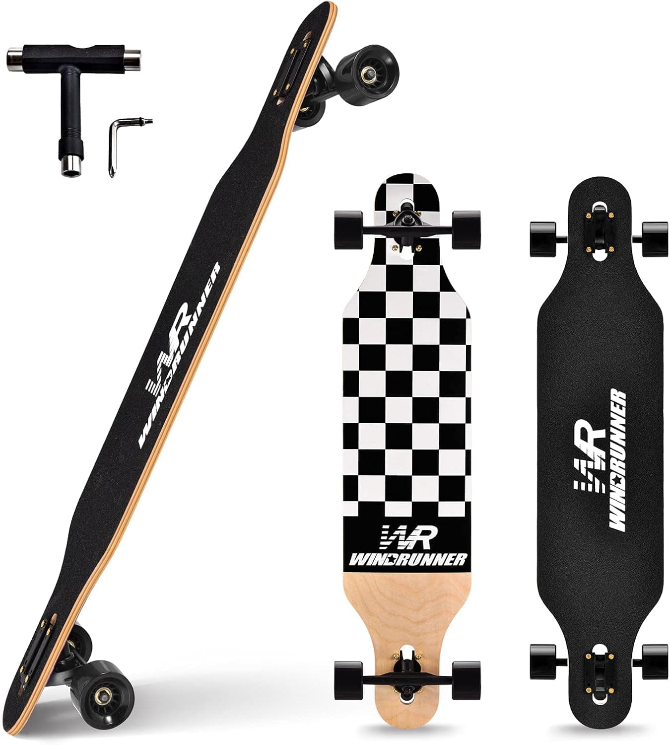 Windrunner 41inch Freeride Longboard Skateboard,8-Ply Natural Maple Drop Through Freestyle Complete Skateboard Cruiser Pintail for Cruising,Carving,Free-Style and Downhill with T-Tool