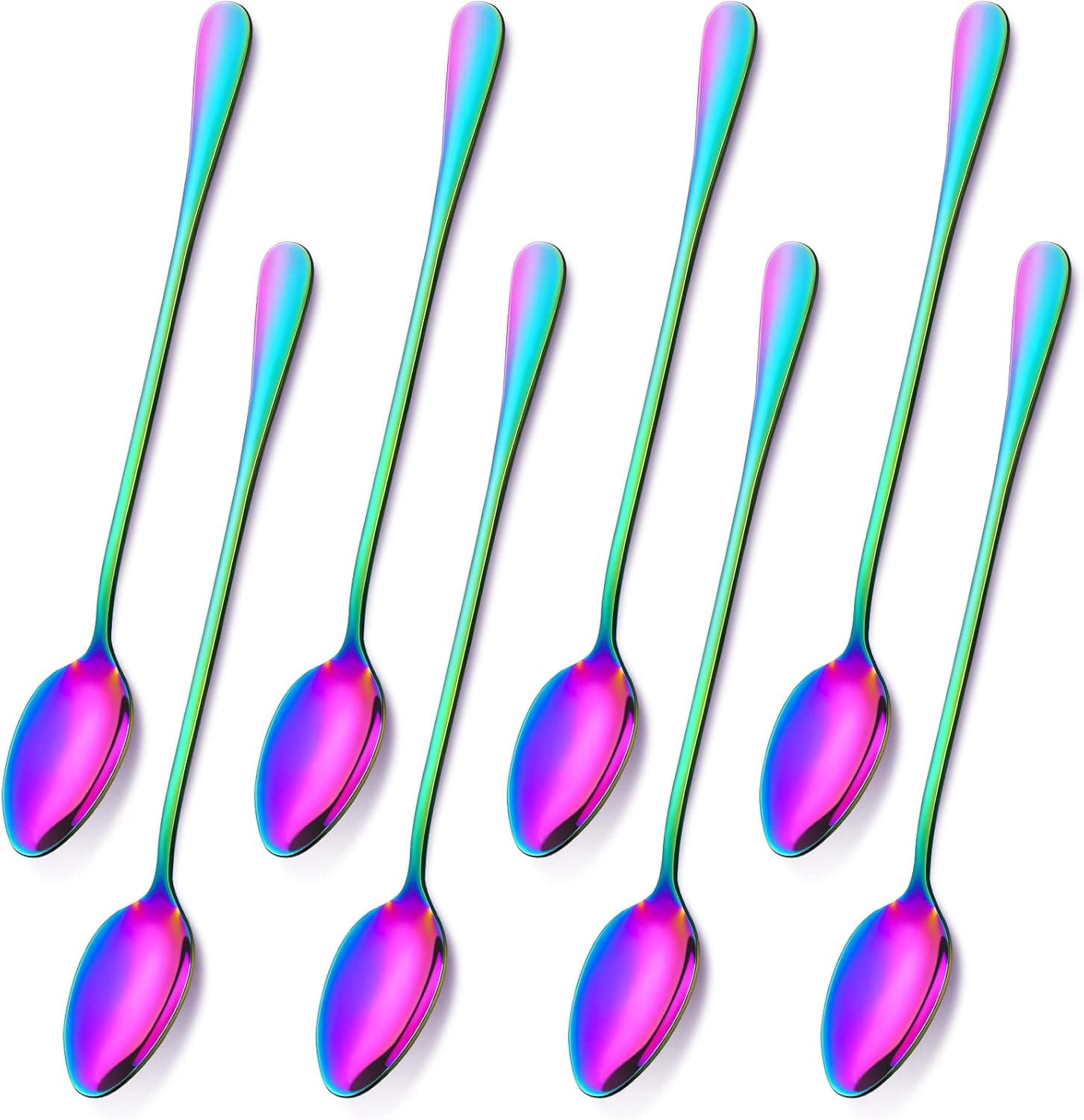 8 Pieces Rainbow Long Handle Iced Tea Spoons Stainless Steel Dessert Spoons Cream Coffee Spoon Reusable Colorful Plated Latte Spoon for Stirring Tea Coffee Milkshake