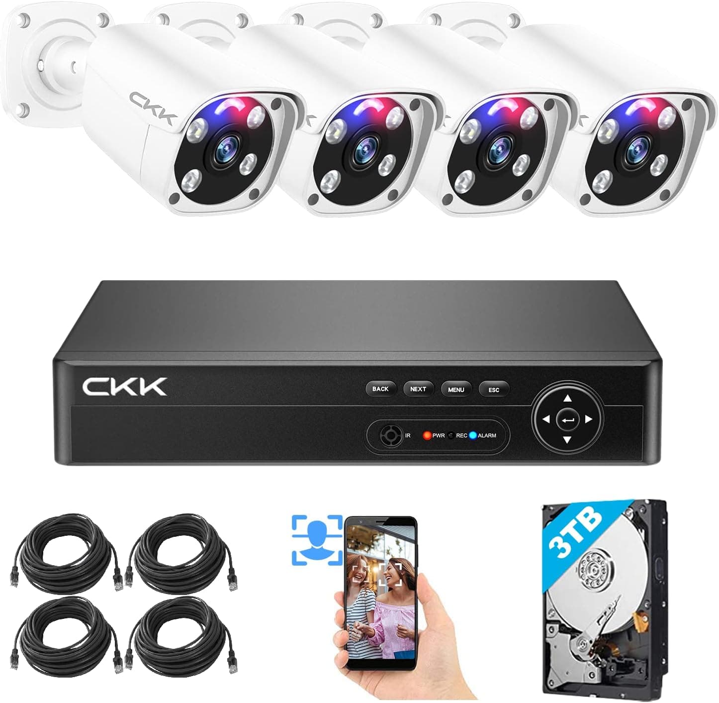 【4K 8channel with 3TB】 PoE Security Camera System, CKK 4Pcs PoE Surveillance Cameras NVR System with 2-Way Audio, AI Human Detection, Floodlight, Flashing red and Blue Lights Home Outdoor Cameras