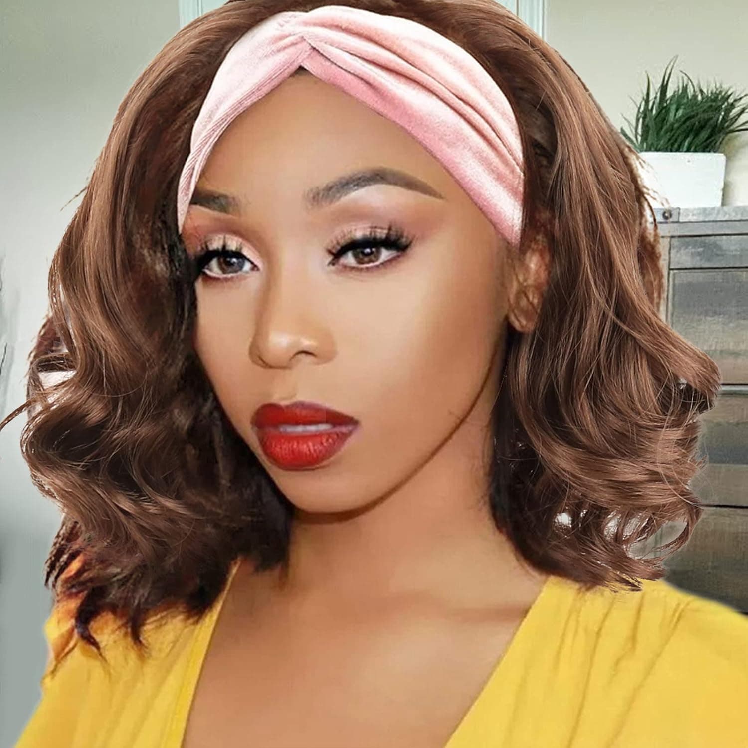 LEOSA Brown Headband Wig Bob Synthetic Wavy Wigs for Black Women Short Wavy Bob Headbands Wigs Curly Wigs with Headbands Attached Natural Hair Head Band Wig 12inches Curly Headband Wigs