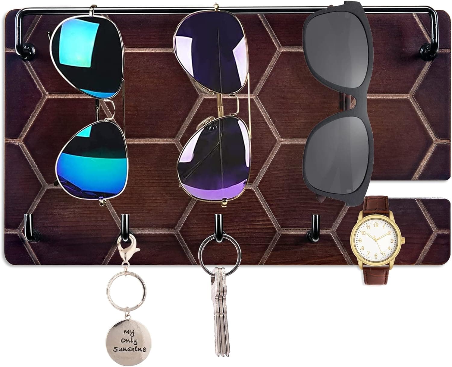 bluegift Sunglasses Holder Organizer with Key Holder for Wall, Wood Eyeglasses Hanging Rack with 4 Key Hooks, Watch Holder Jewelry Display Organizer for Entryway Hallway Home Office, Brown