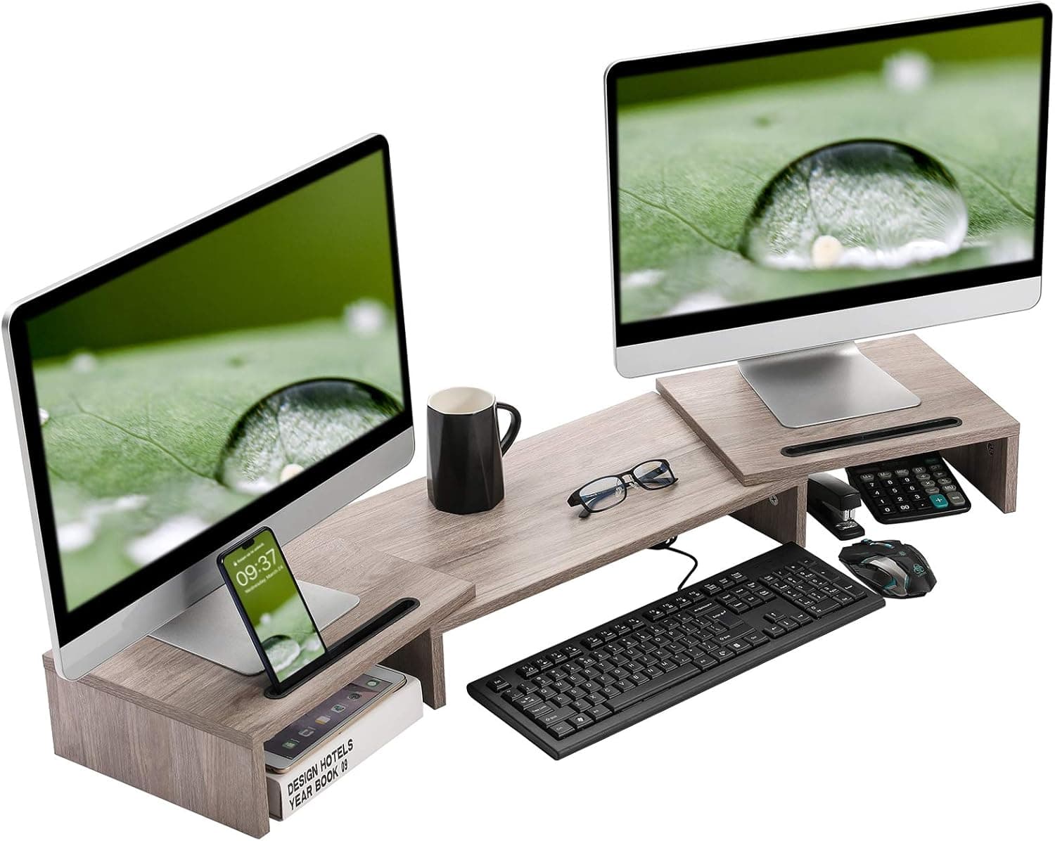 SUPERJARE Lengthened Dual Monitor Stand Riser, Adjustable Screen Stand, Desktop Stand Storage Organizer for Laptop Computer/TV/PC/Printer, 2 Extra Functional Slot for Tablet/Pen/Phone - Cream Gray