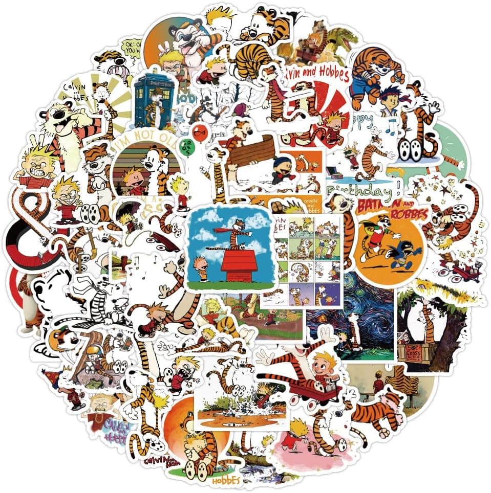 KINGMAOSHEN 50PCS Calvin and Hobbes Stickers for Laptop and computer, Cute Cosmetic Waterproof Vinyl stickers for Water Bottle Hydro Flask Car Bumper Luggage,Cute Graffiti Decals for Kids Girls Teens Adults (Calvin and Hobbes)