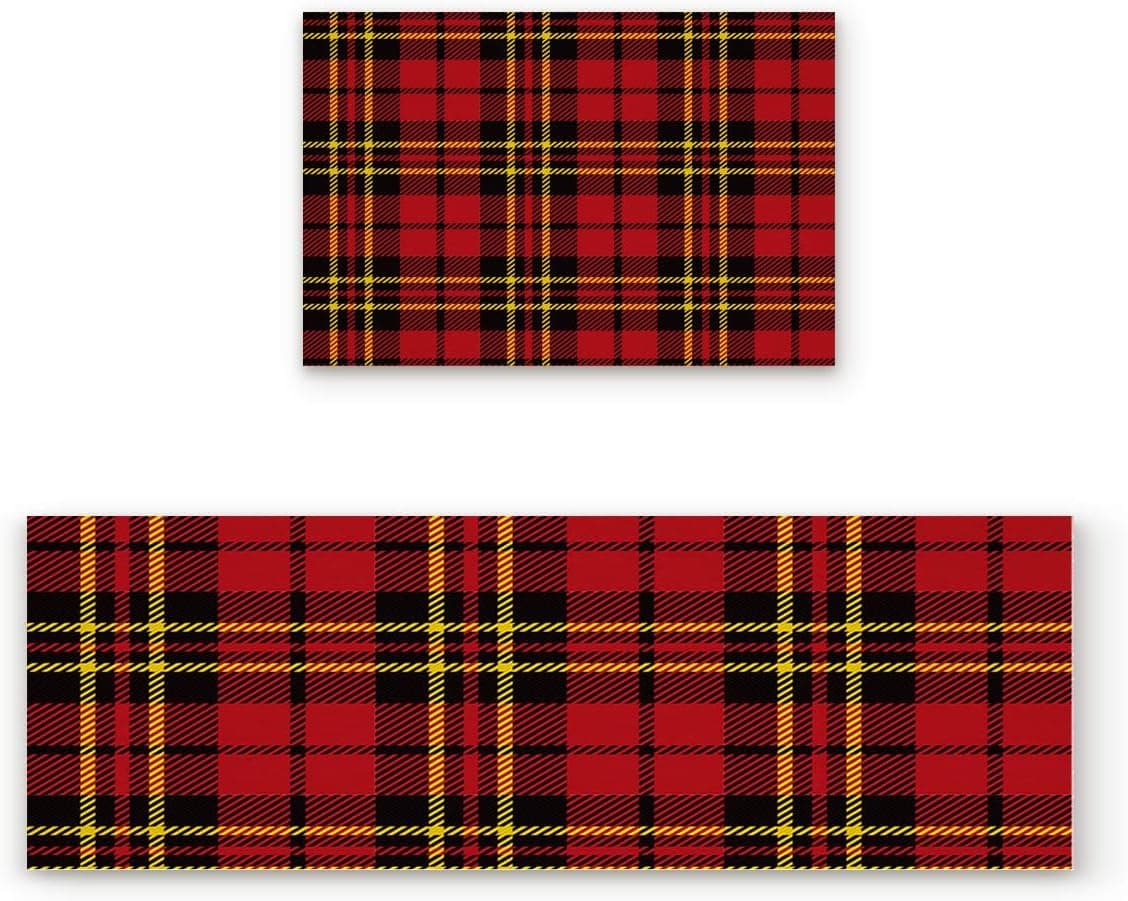 Aomike 2 Piece Non-Slip Kitchen Mat Rubber Backing Doormat Red Black and Yellow Plaid Pattern Runner Rug Set Hallway Living Room Balcony Bathroom Carpet Sets (23.6" x 35.4"+23.6" x 70.9")