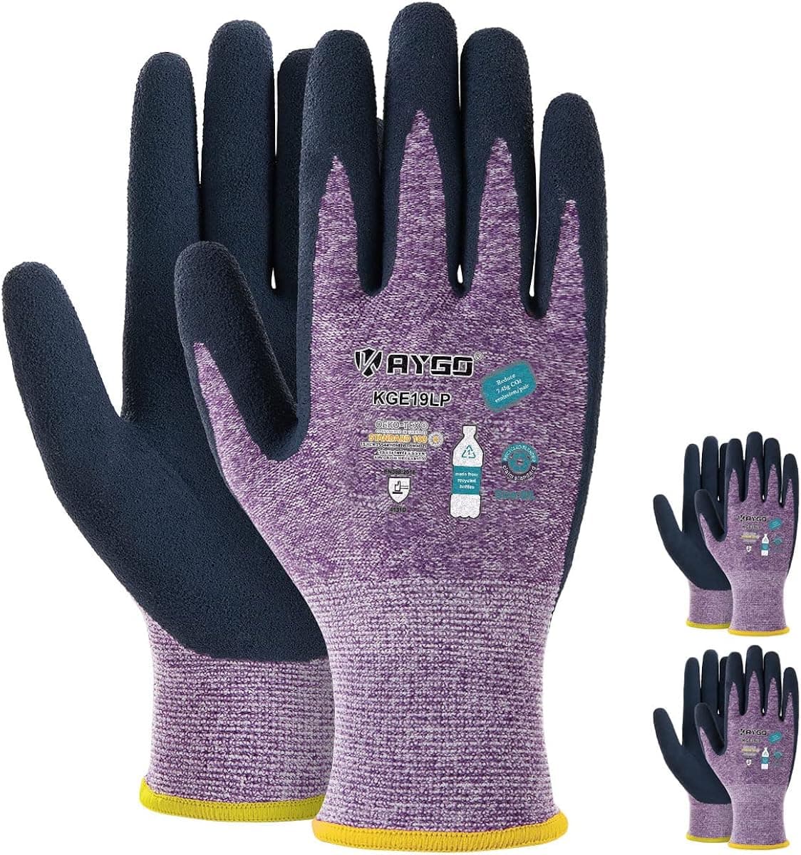 KAYGO Work Gloves for Women KGE19L Eco Friendly Gloves with Breathable Rubber Coated, 3 Pairs