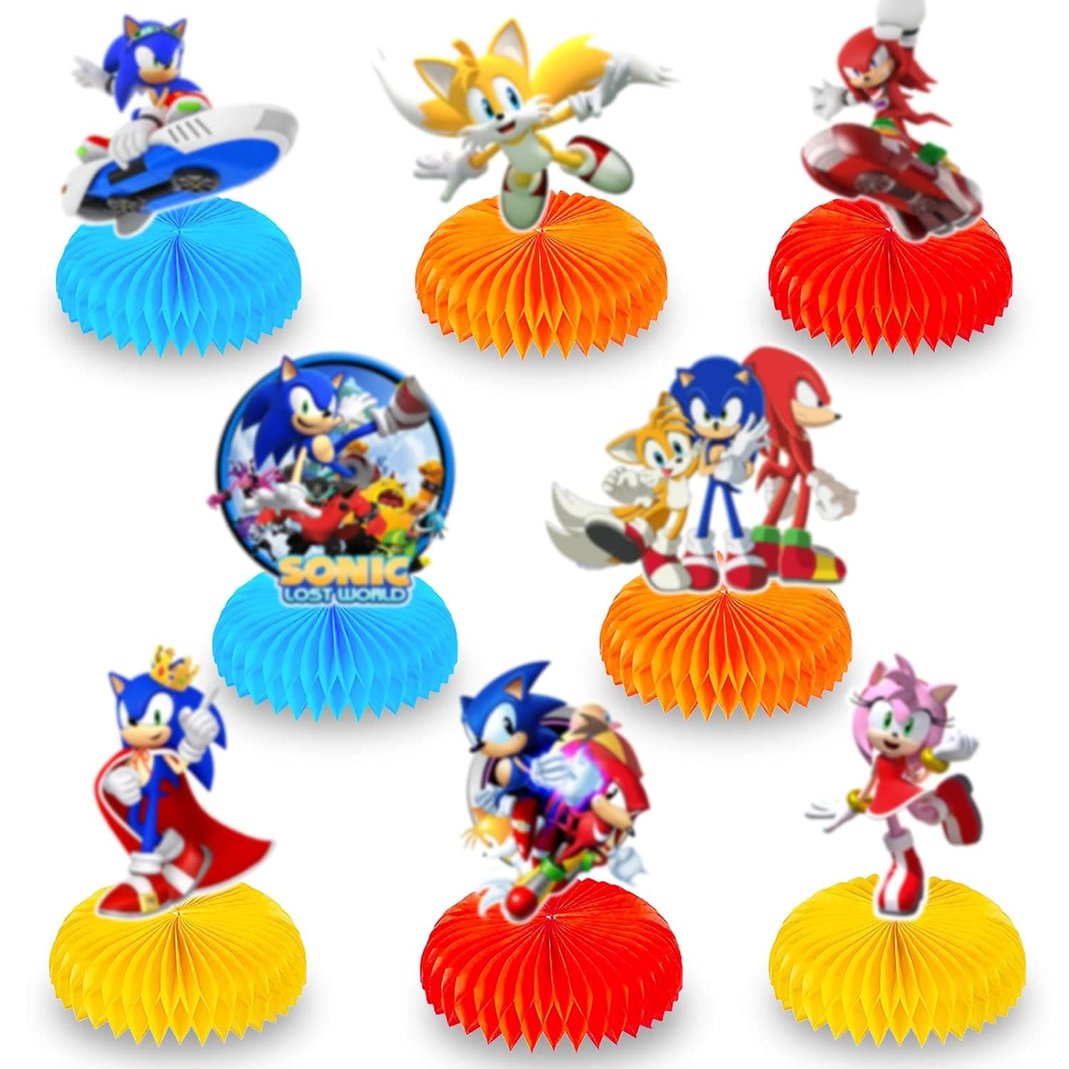MRUTTYC 8 Pcs Sonic Honeycomb Centerpieces 3D Table Decorations Honeycomb Sonic Double Sides for Kids Sonic Theme Birthday Party Supplies Baby Shower Decor