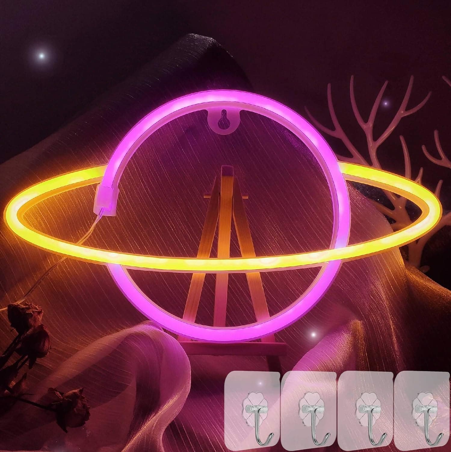 YIVIYAR LED Planet Neon Signs Light LED Night Lights Planet Wall Decor, Planet Lamps Battery/USB Powered Neon Lights Cool Lamps for Teen Bedroom Decor Light up Christmas Bar Festive(Pink Warm White)