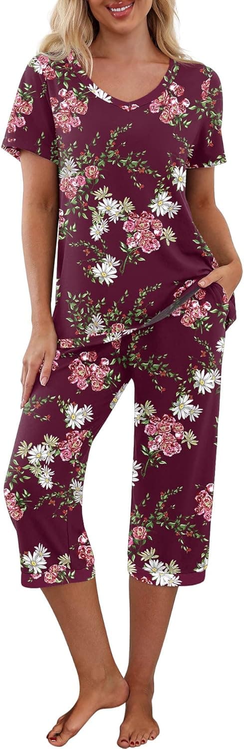 PrinStory Women's Pajama Set Short Sleeve Shirt and Capri Pants Sleepwear Pjs Sets with Pockets