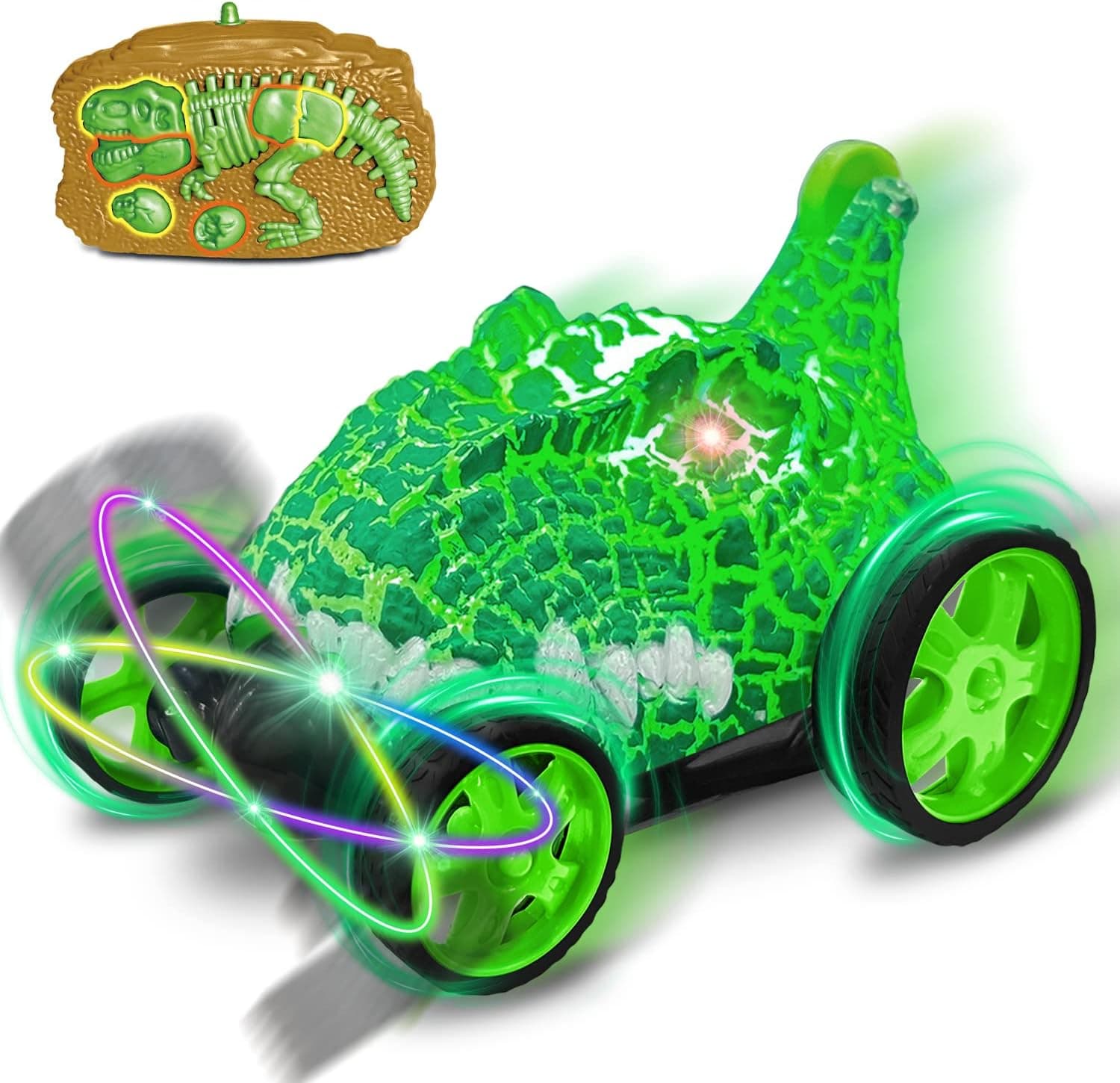 Remote Control Dinosaur Car Toys RC Stunt Car 360°Flips with LED Lights RC Dinosaur Vehicle 2.4Ghz 7.5Km/h Rechargeable T-Rex Dinosaur Car Easter Gifts for Kids 3 4 5 6 7 8+ Years Old Boys Girls