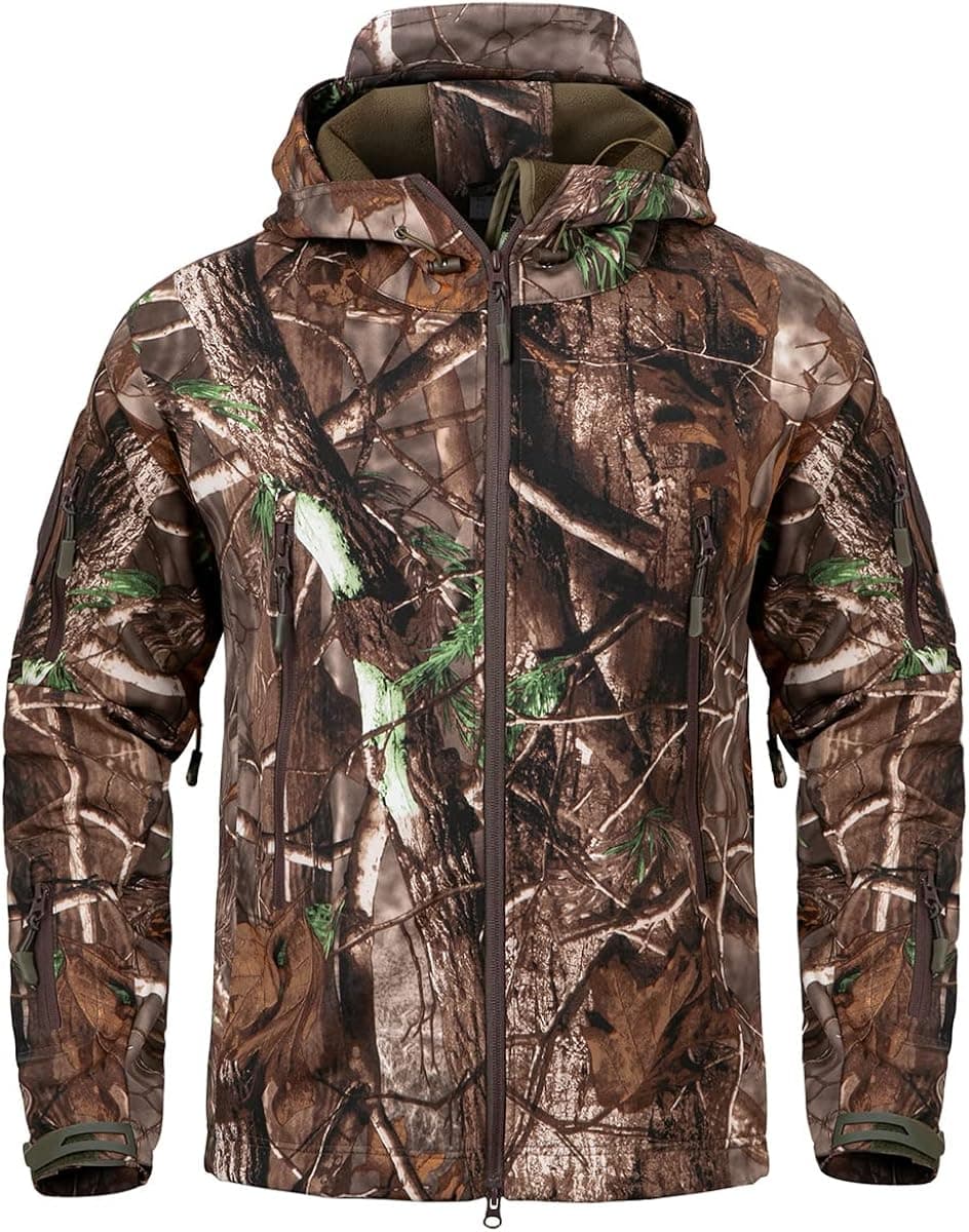 NAVEKULL Hunting Clothes for Men Soft Shell Outdoor Hiking Jacket Camo Water Resistant Fleece Hooded Coat with Pockets
