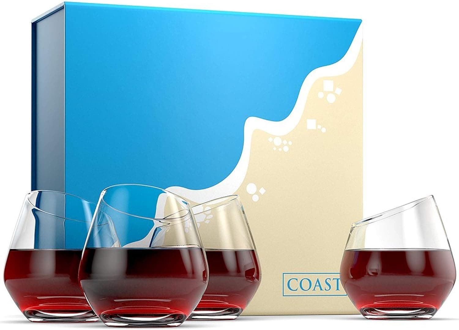 The Coast Collection Gift Set (Reg. $55.75)| 4 Unique "Tilt-and-Taste" Stemless Wine Glasses with Plush Polishing Towel & Themed Recipe Cards | Alkhomi Glassware