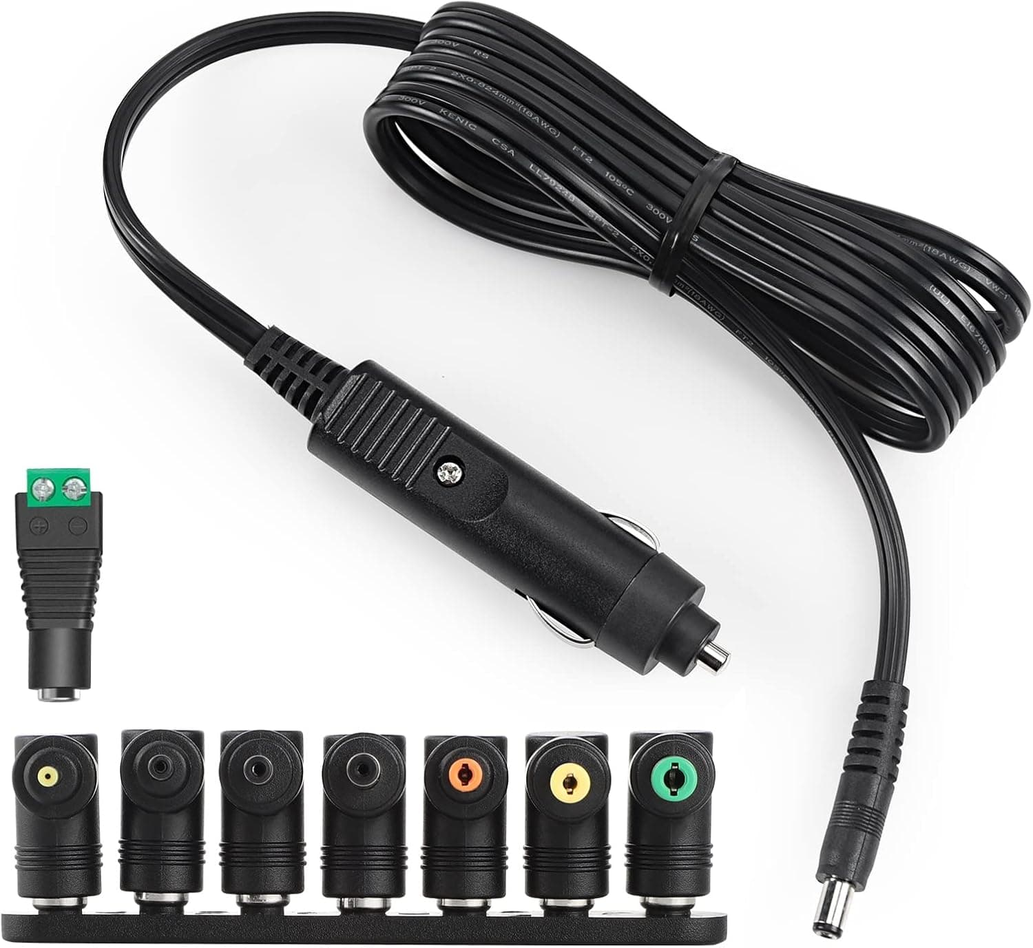 12V car Charger 5A - 18AWG dc in 12v Power Cord 5.5x2.1mm to Cigarette Lighter with 8 Connector for Massage Back Cushion,DVD Player, GPS, Bluetooth Speakers 5FTCable Black