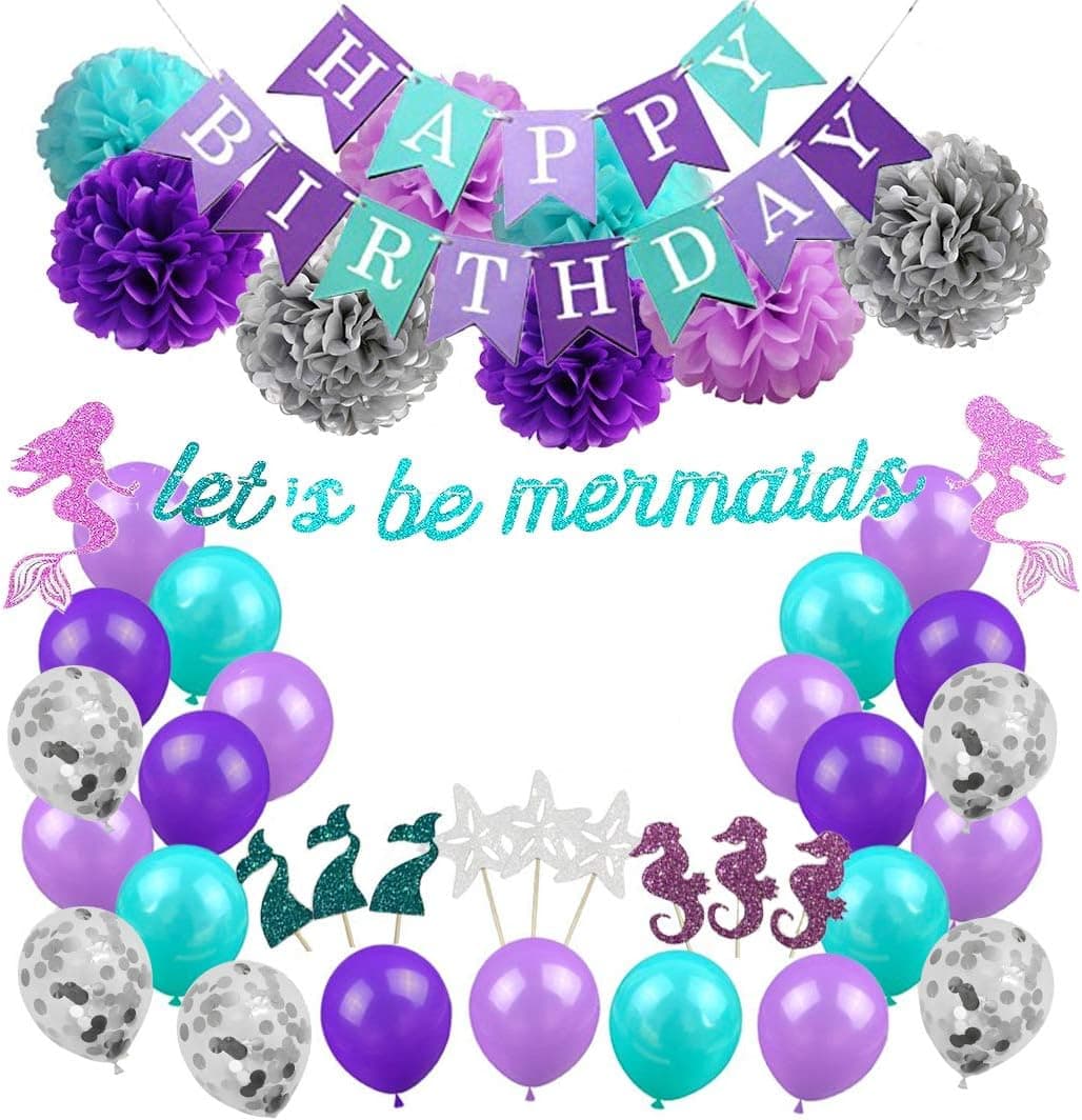 Mermaid Party Decorations For Birthday Baby Shower Gender Reveal Balloons Pom Poms Glitter Cupcake Toppers Under The Sea Confetti Balloons Glitter Banner Birthday