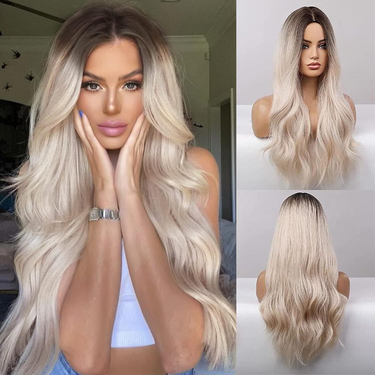 FORCUTEU Long Wavy Wig Ombre Blonde Wigs for Women Synthetic Platinum Blonde Curly Wavy Wig Heat Resistant Hair for Daily Party Use