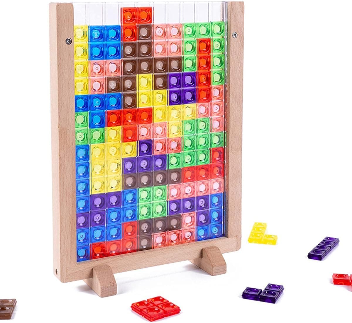 Russian Blocks Puzzle Brain Teasers Toy, Intelligent Colorful 3D Plastic Blocks Game with Vertical Wooden Frame Game Board, Tangram Educational Montessori Toys Gift for Kids Age 4-8 Years Old