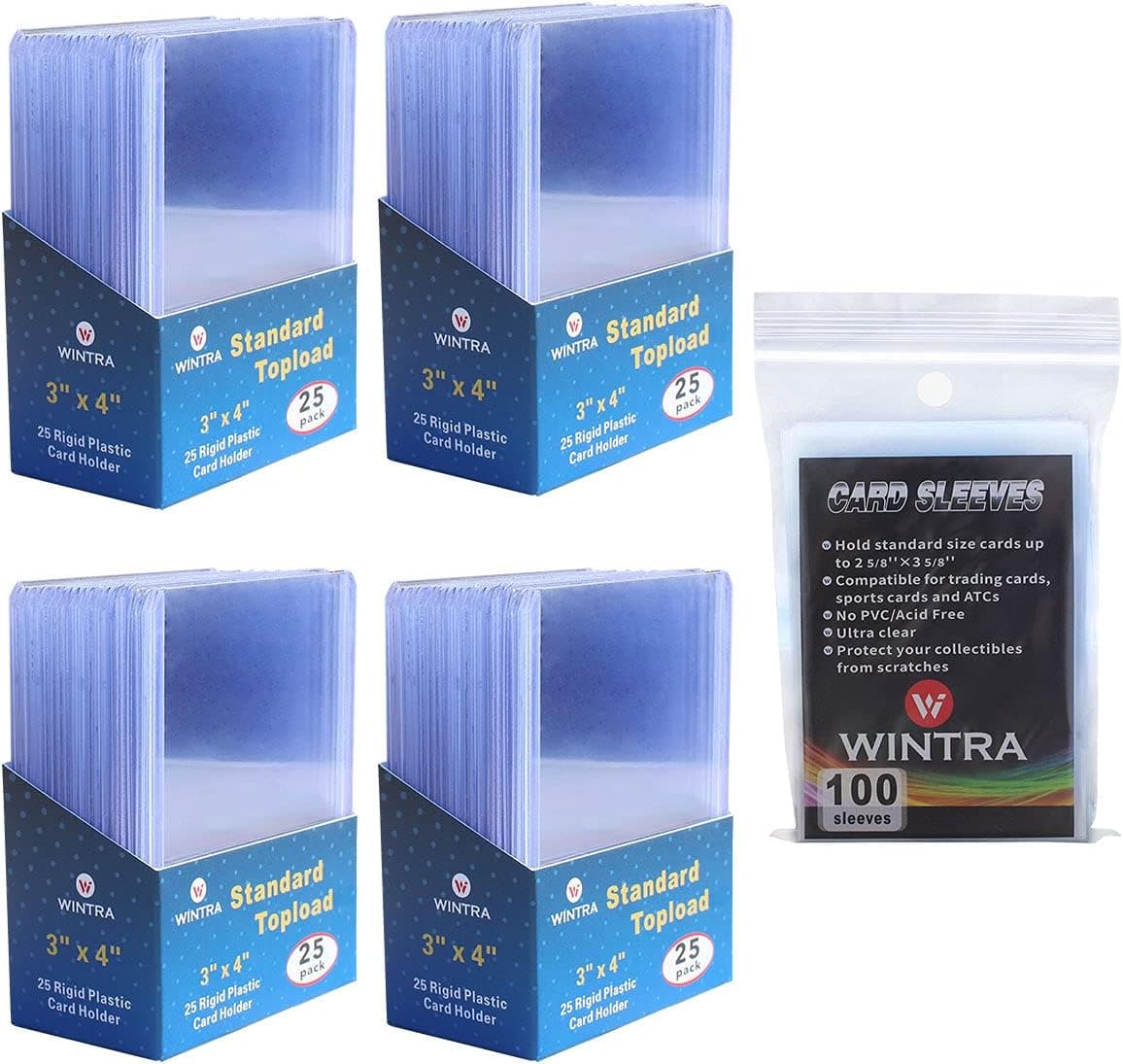 WINTRA 3" x 4" 100 Count 35pt Topload Hard Card Holder and 100 Count Penny Soft Card Sleeves Protectors Bundle for Trading and Sports Cards (100 topload + 100 Sleeves)