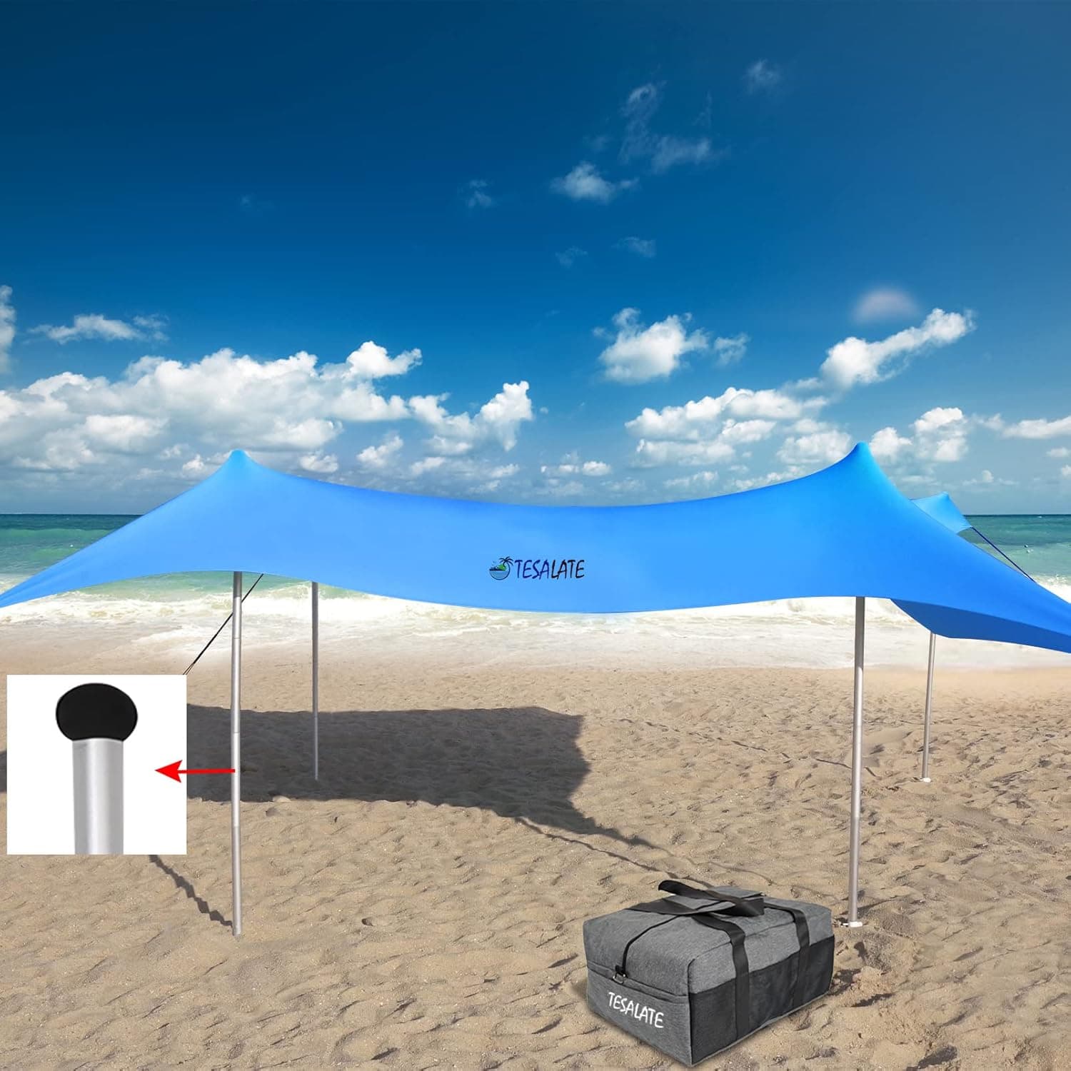 TESALATE Adjustable 4 Thicken Aluminum Poles Sun Shade Sail Shelter Portable Beach Tent Pop Up Canopy Windproof UV Protection Tents Toldo Carpas para playa With Anchors Sandbags Tarp 10x10 FT Sky Blue