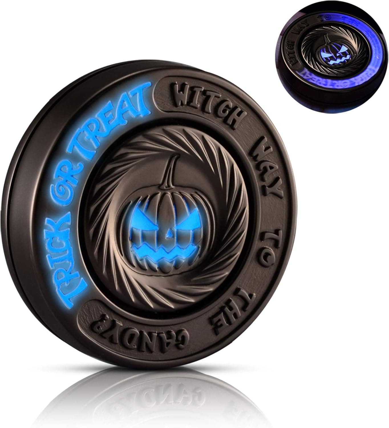 LION CITY Halloween Pumpkin Fidget Spinner, Glow in The Dark Hand Spinner with Blue Luminosity, Fully Metallic Desk Toy with Replaceable Bearing, Comes with Mini Flashlight, Matte Finish, Dark Brown