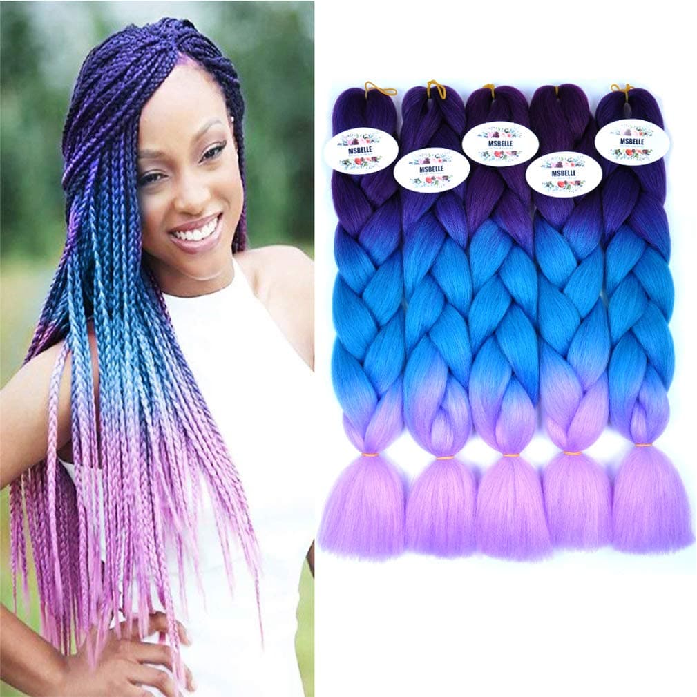 MSBELLE 5 Packs Braiding Hair Extensions Brown Ombre Jumbo Twist Braids Hair for Black Women 24 Inch Ombre Braiding Hair 100g/Pcs(Purple-Lake Blue-Light Purple)