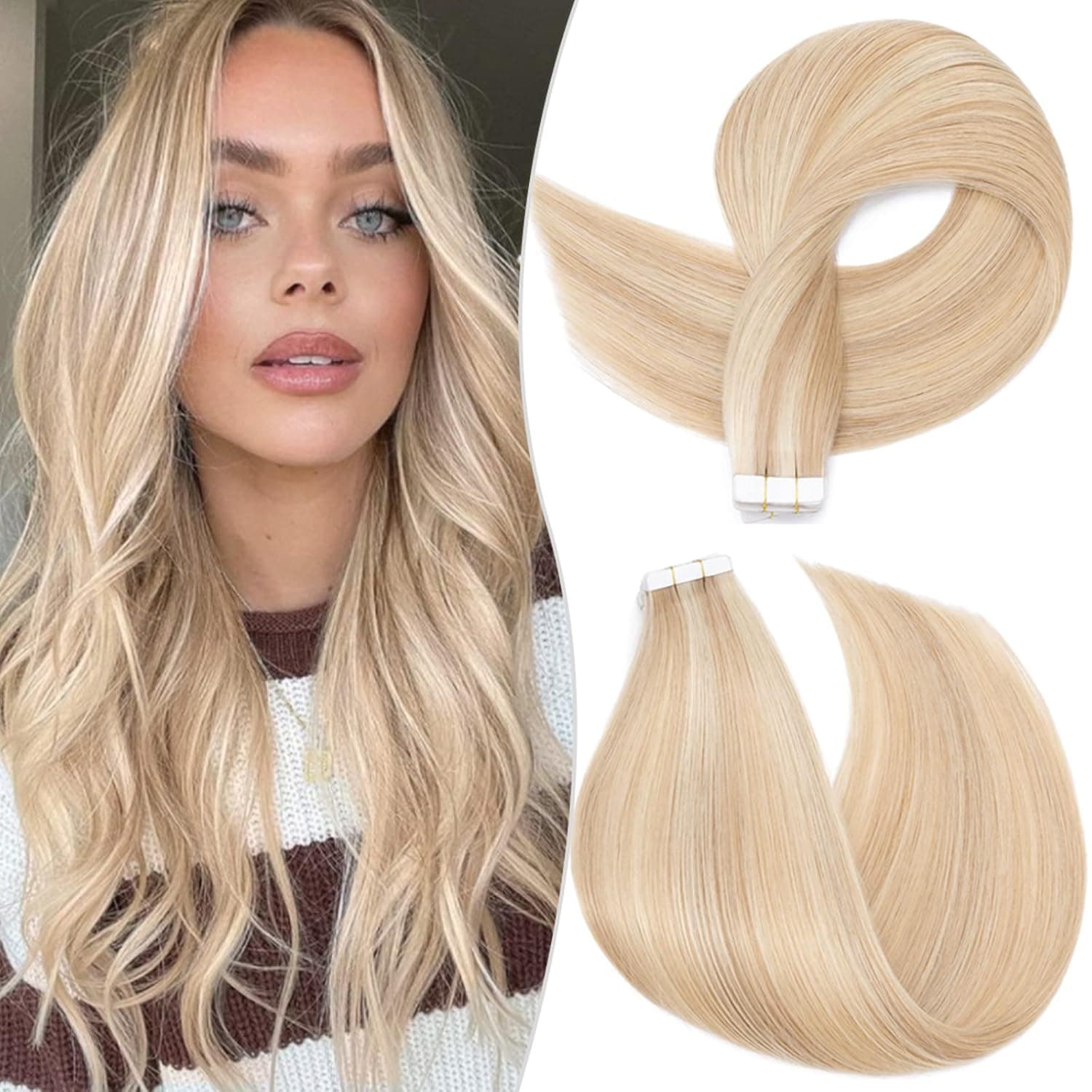 S-noilite Balayage Tape in Remy Human Hair Extension for Women Tape in Human Hair Seamless Skin Weft Invisible Double Side Tape Straight 40Pcs/100g (20 Inch #18/613 Ash Blonde/Bleach Blonde)
