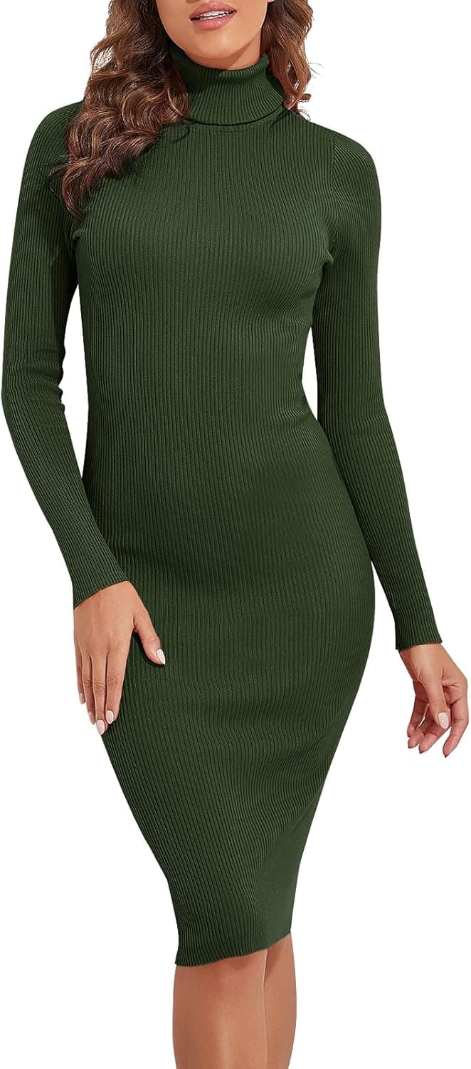 PrettyGuide Women's Turtleneck Sweater Dress Long Sleeve Ribbed Knit Stretch Midi Bodycon Dresses