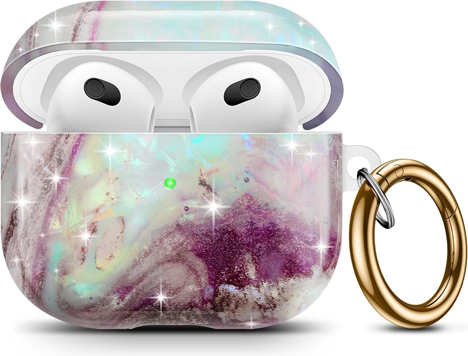 IceModo Compatible Airpods 3rd Generation Case 2021, Translucent Glitter Marble Texture Case for Airpod 3 Case Cover with Keychain,Cute Wireless Charging Case for Apple Airpods Gen 3,Front LED Visible