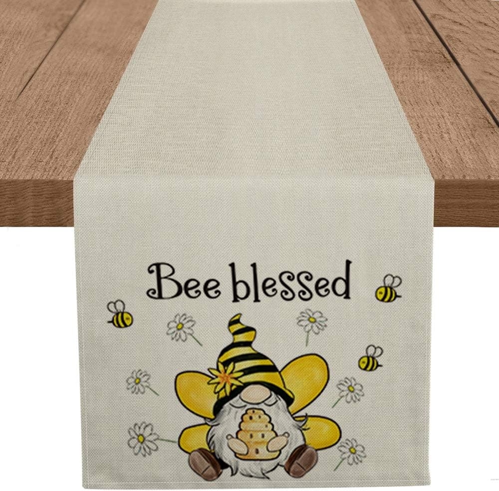 Artoid Mode Bee Blessed Gnome Table Runner, Seasonal Spring Summer Flowers Holiday Kitchen Dining Table Runner for Home Party Decor 13 x 72 Inch