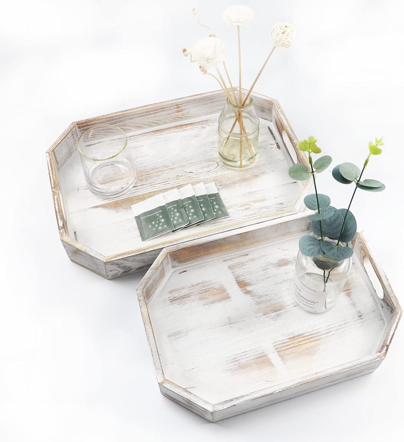 Ottoman Tray 2 Pack-White Coffee Table Tray-Wooden Serving Trays with Handles-Farmhouse Decorative Trays for Coffee Table/Living Room/Kitchen/Bed Room