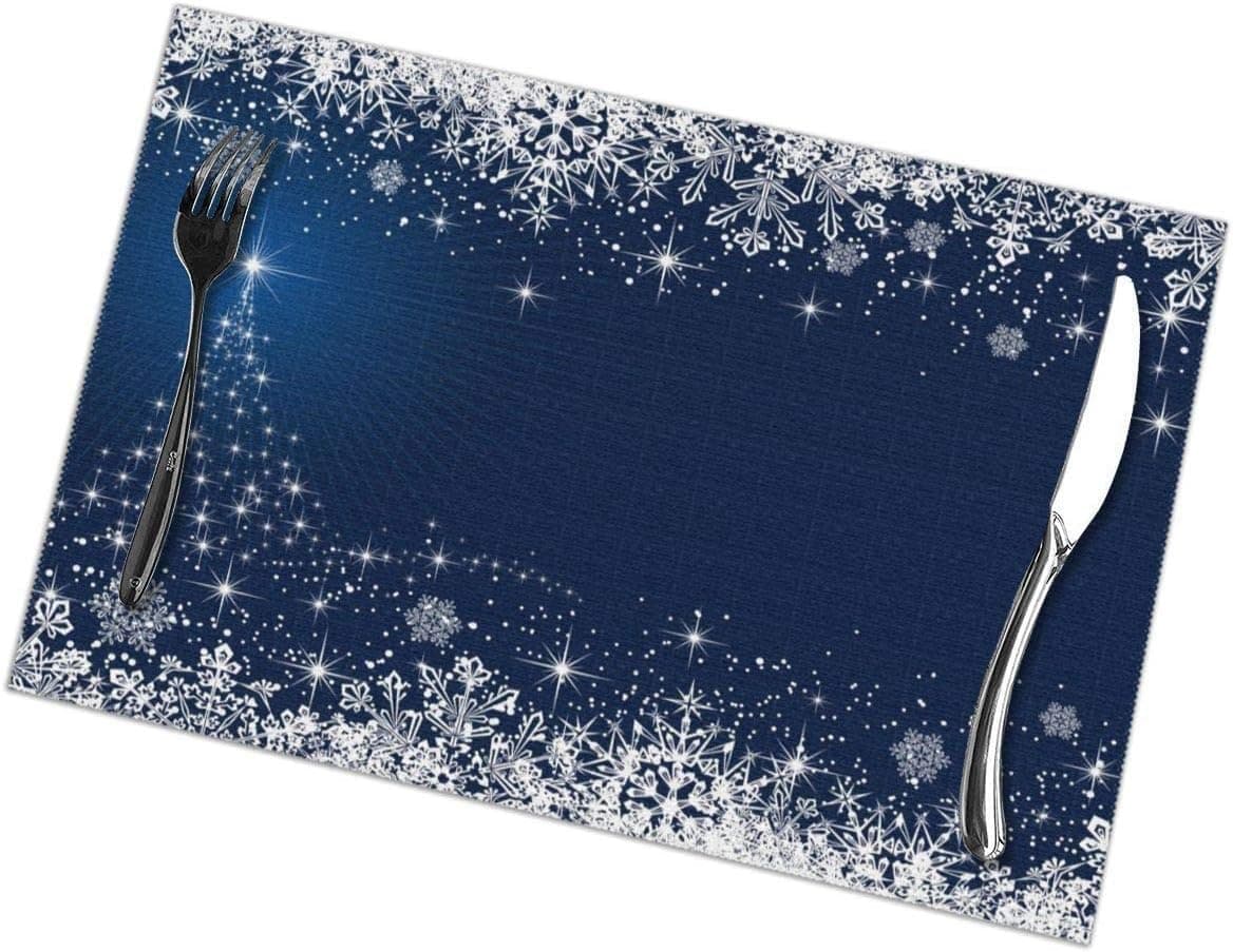 Tenghui Blue Christmas Tree Placemats Set of 6 Washable Non-Slip Stain-Resistant Table Non-Slip Place Mats 12 X 18 Inch for Kitchen Dining Home