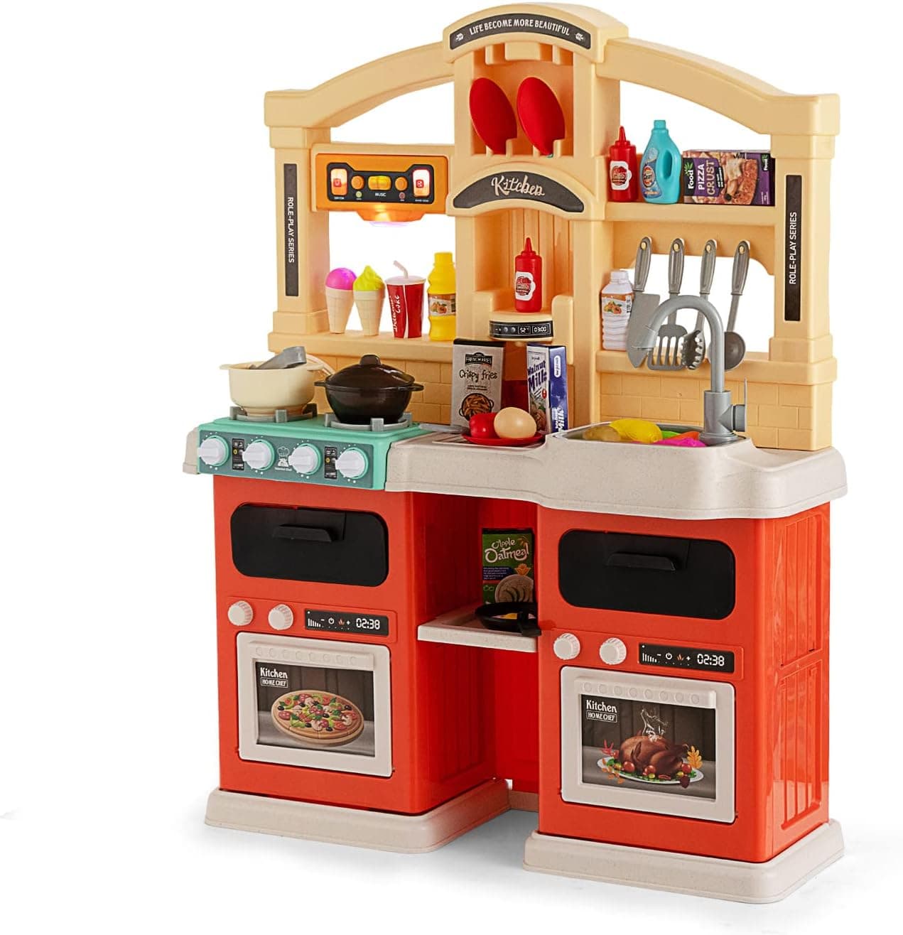 GLACER Toddler Kitchen Playset, 69PCS Kids Play Kitchen w/Lights & Sounds, Music, Vapor & Boil Effects, Washing Sink w/Running Water, Kitchen Toy Set for Kids 3+(Orange)