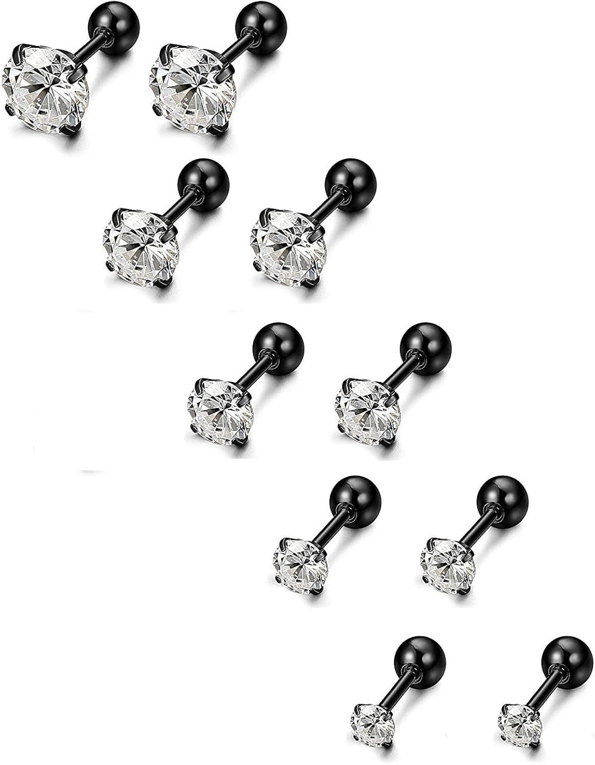 YINQAG 5 Paris Stainless Steel Mens Womens Stud Earrings Cartilage Ear Piercings CZ Helix Tragus Barbell Earrings 3-7mm (Black)